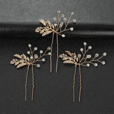 3 Piece Alloy Leaf Design Hair pin With Rhinestones